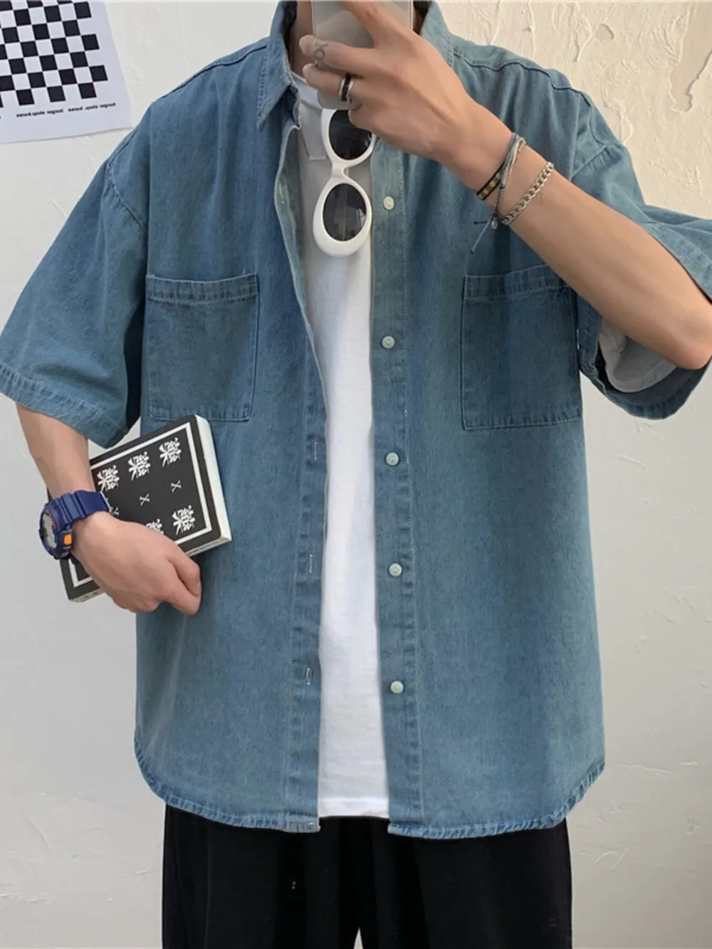 Men's Button Up Short Sleeve Denim Shirt, image 3