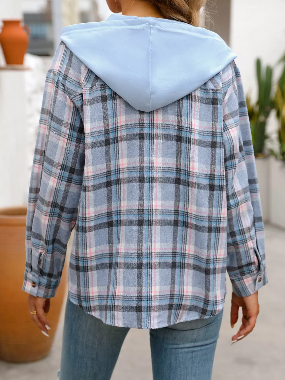 Plaid Button-Up Hooded Shirt with Chest Pocket, image 34