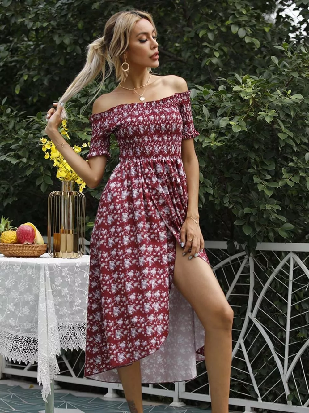 Off Shoulder Floral Slit Dress, image 15