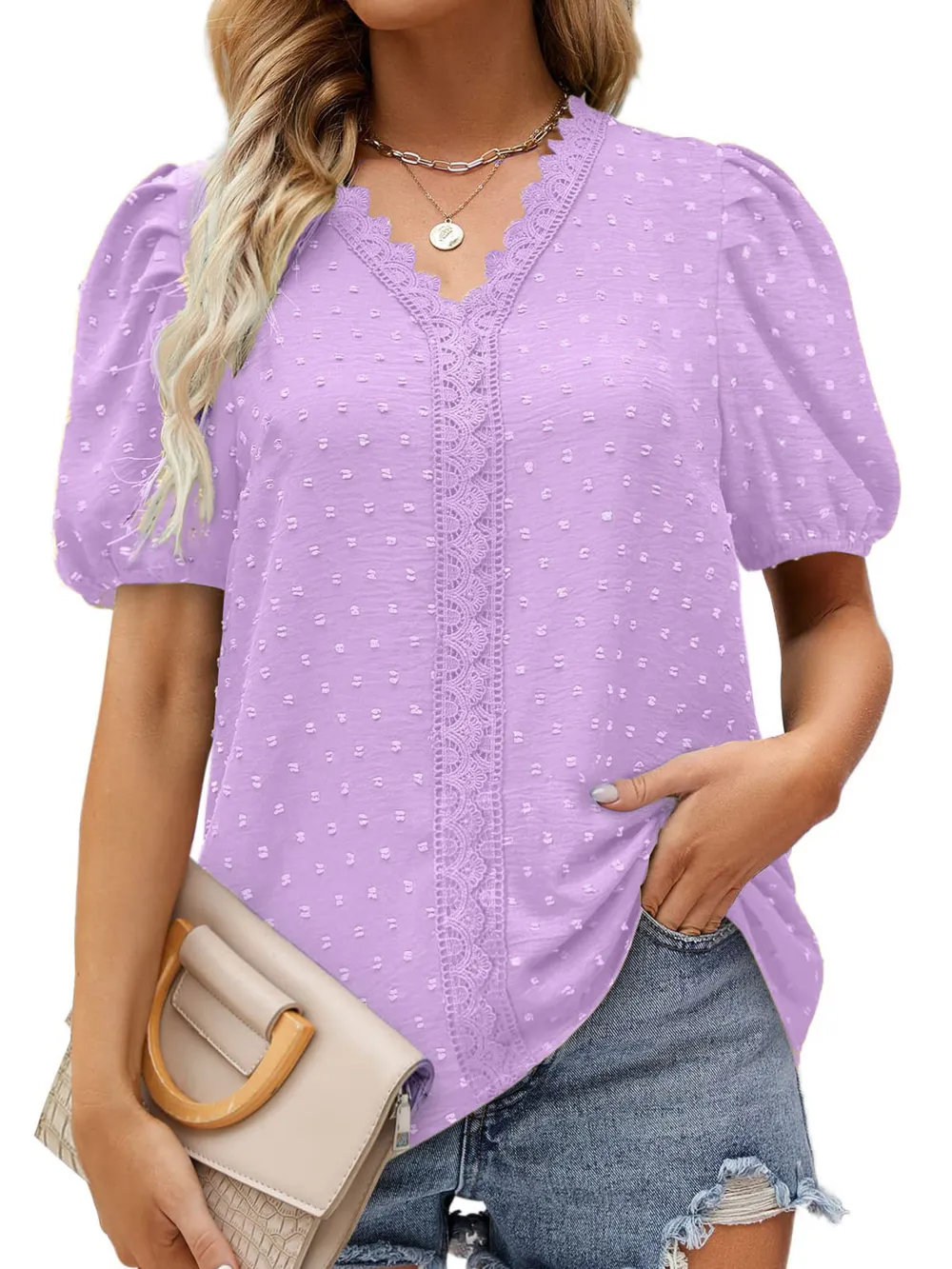 Puff Sleeve Swiss Dot Lace Trim Blouse, image 2