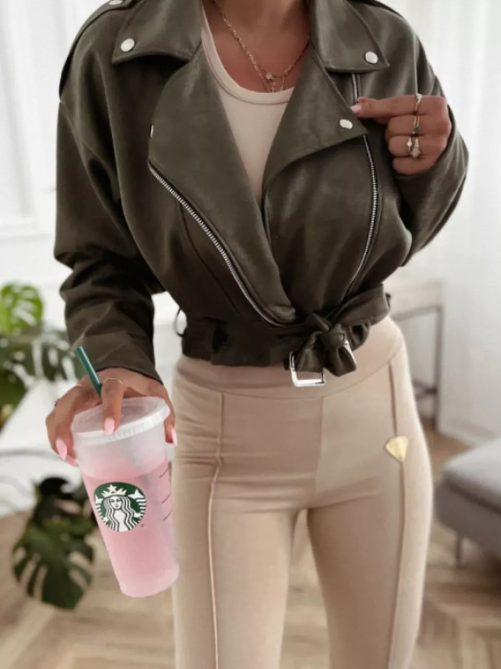 Cropped Biker Jacket with Belt Detail, image 10