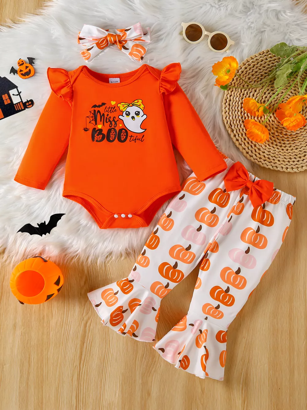 Children's Halloween Graphic Top and Pants 3-Piece Set with Headband, image 4
