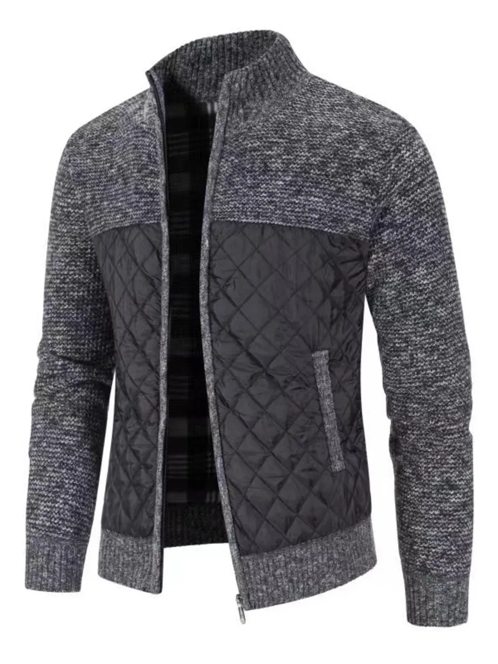Men's Plus Size Quilted Panel Zip-Up Sweater Cardigan, image 10