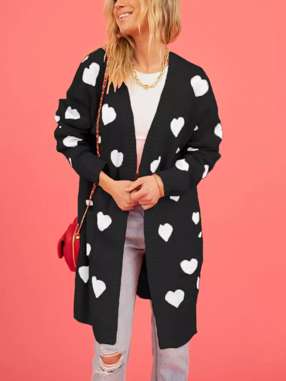 Heart Pattern Open Front Longline Cardigan, image 6