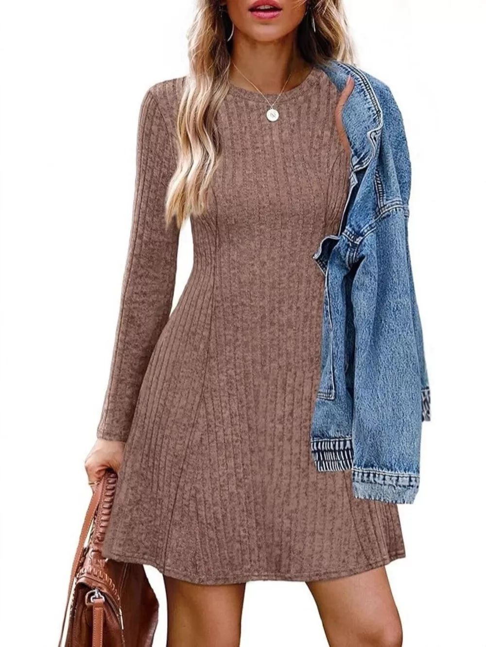 Ribbed Knit Long Sleeve A-Line Dress