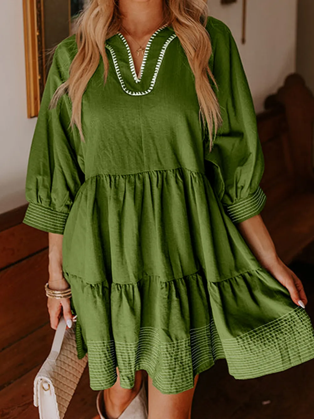 Striped Hem 3/4 Sleeve Tiered Dress, image 8