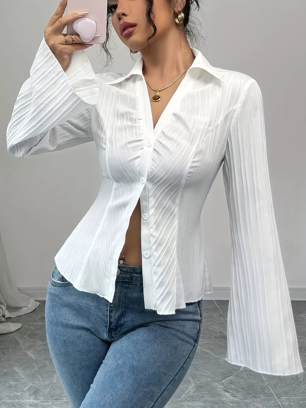 Flare Sleeve Button Up Shirt, image 4