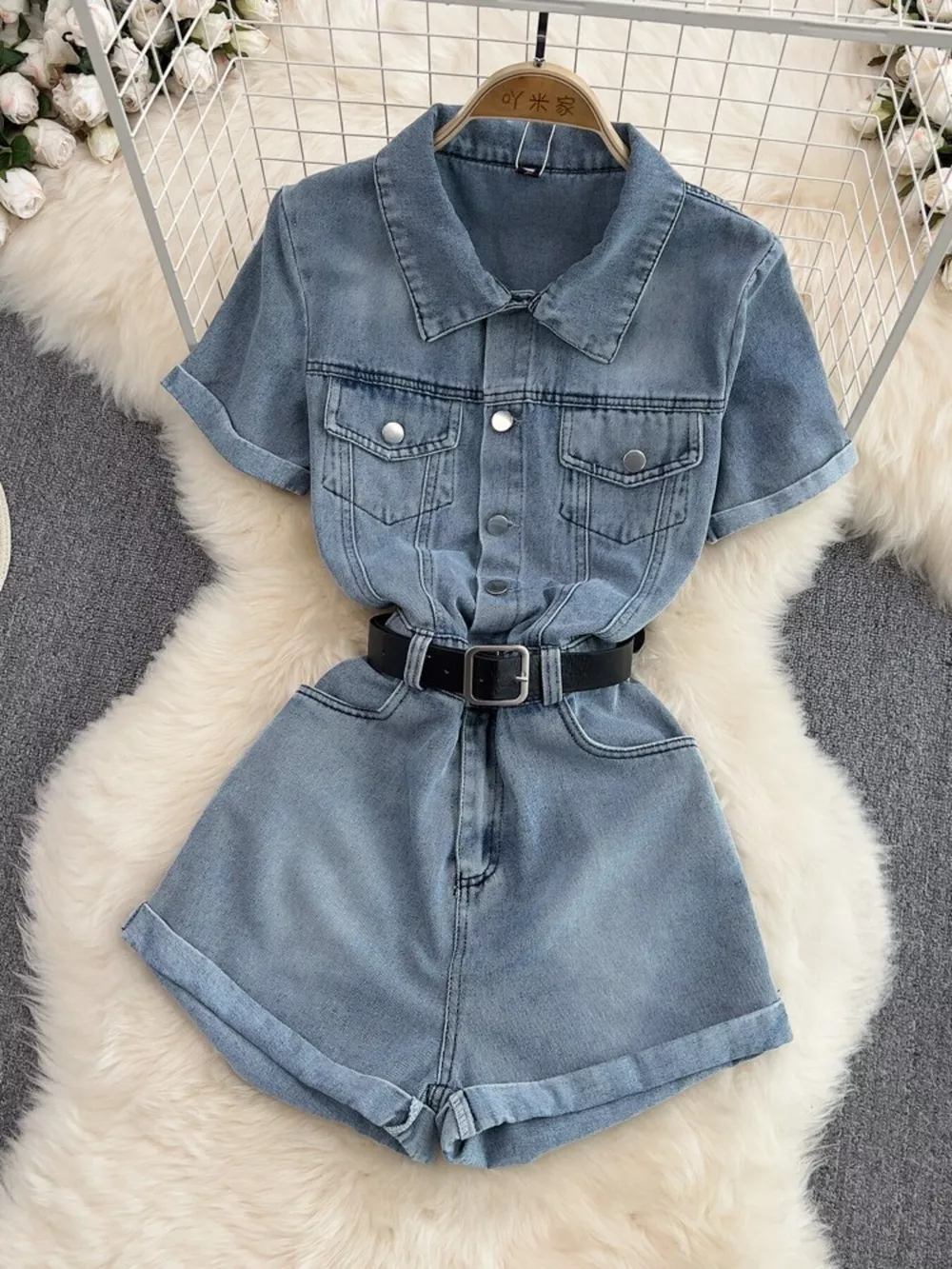 Button Front Short Sleeve Denim Romper, image 2