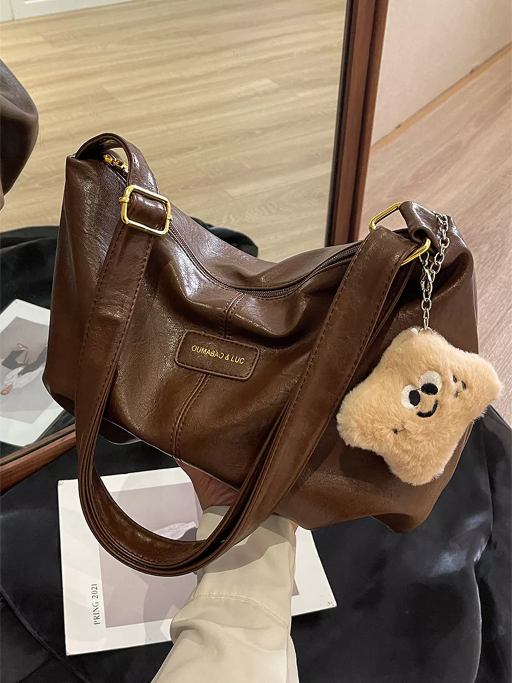 PU Leather Crossbody Bag with Plush Charm, image 4