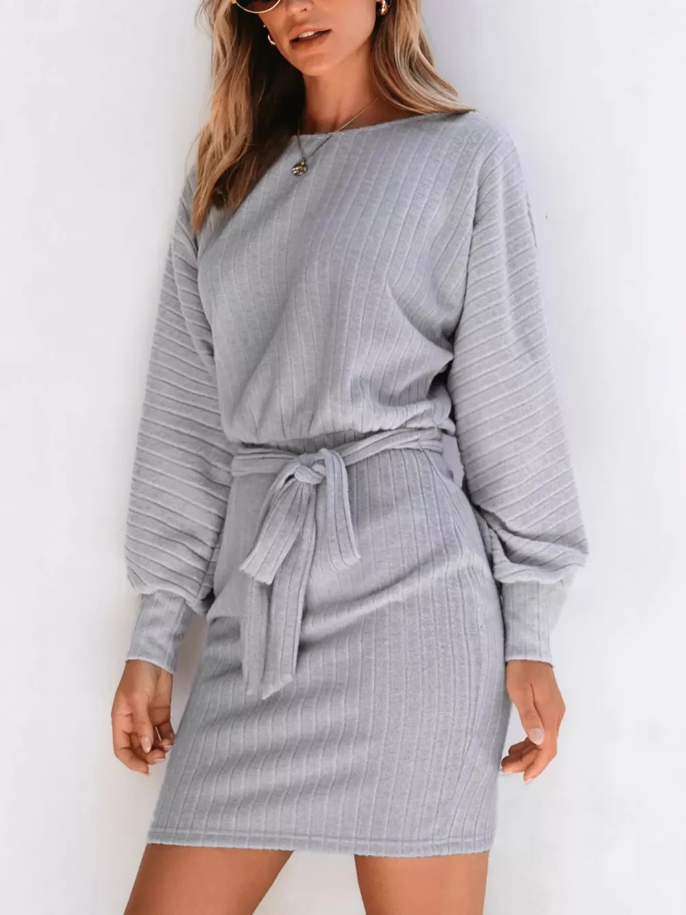Round Neck Tie Waist Textured Dress