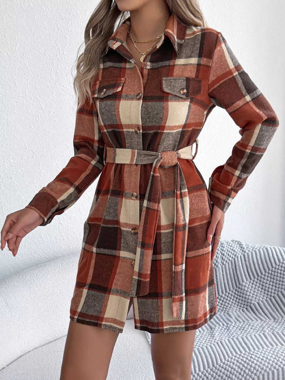 Plaid Button Front Tie Waist Shirt Dress, image 6