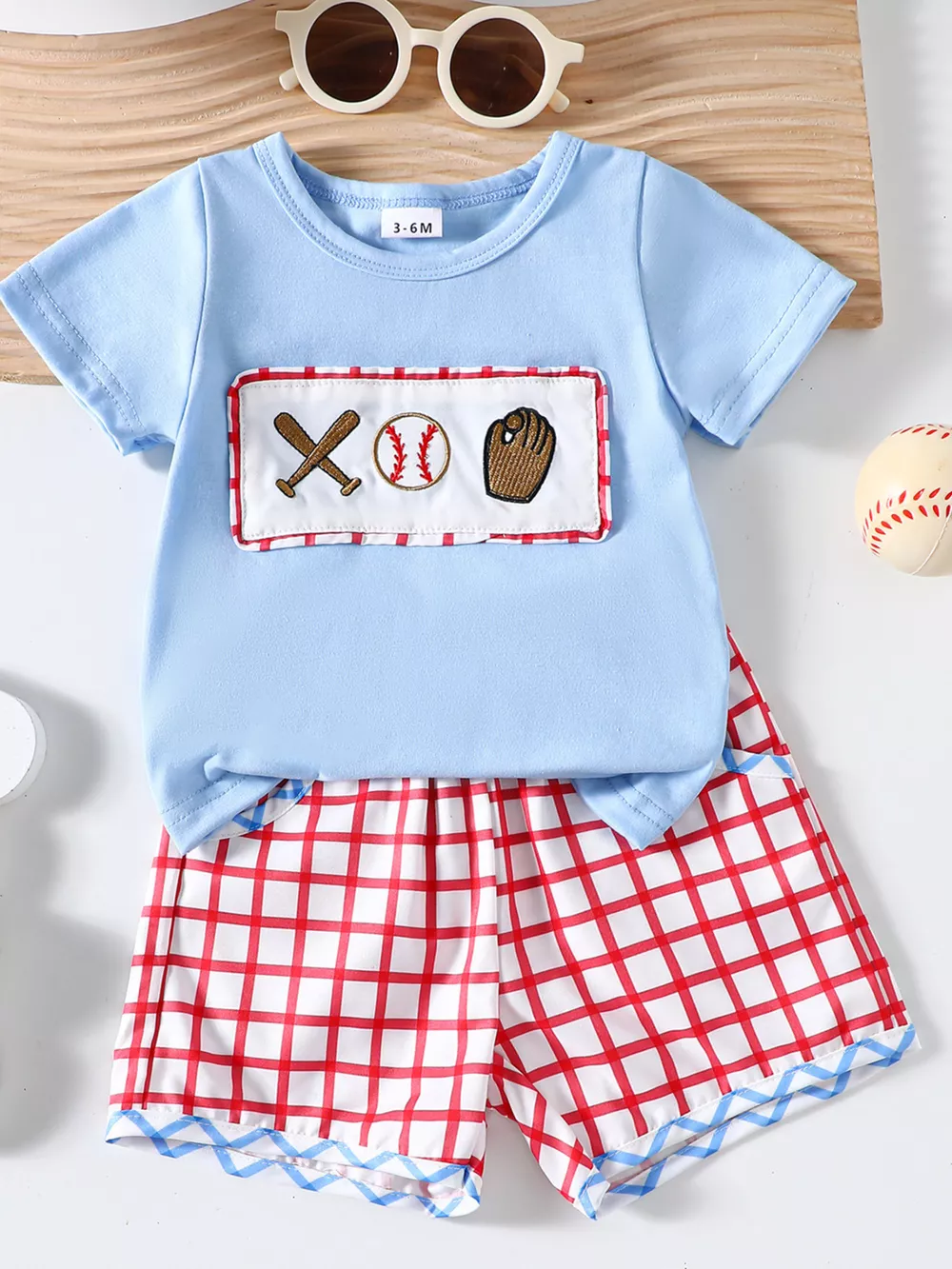 Children's Baseball Embroidered Top & Plaid Shorts Set