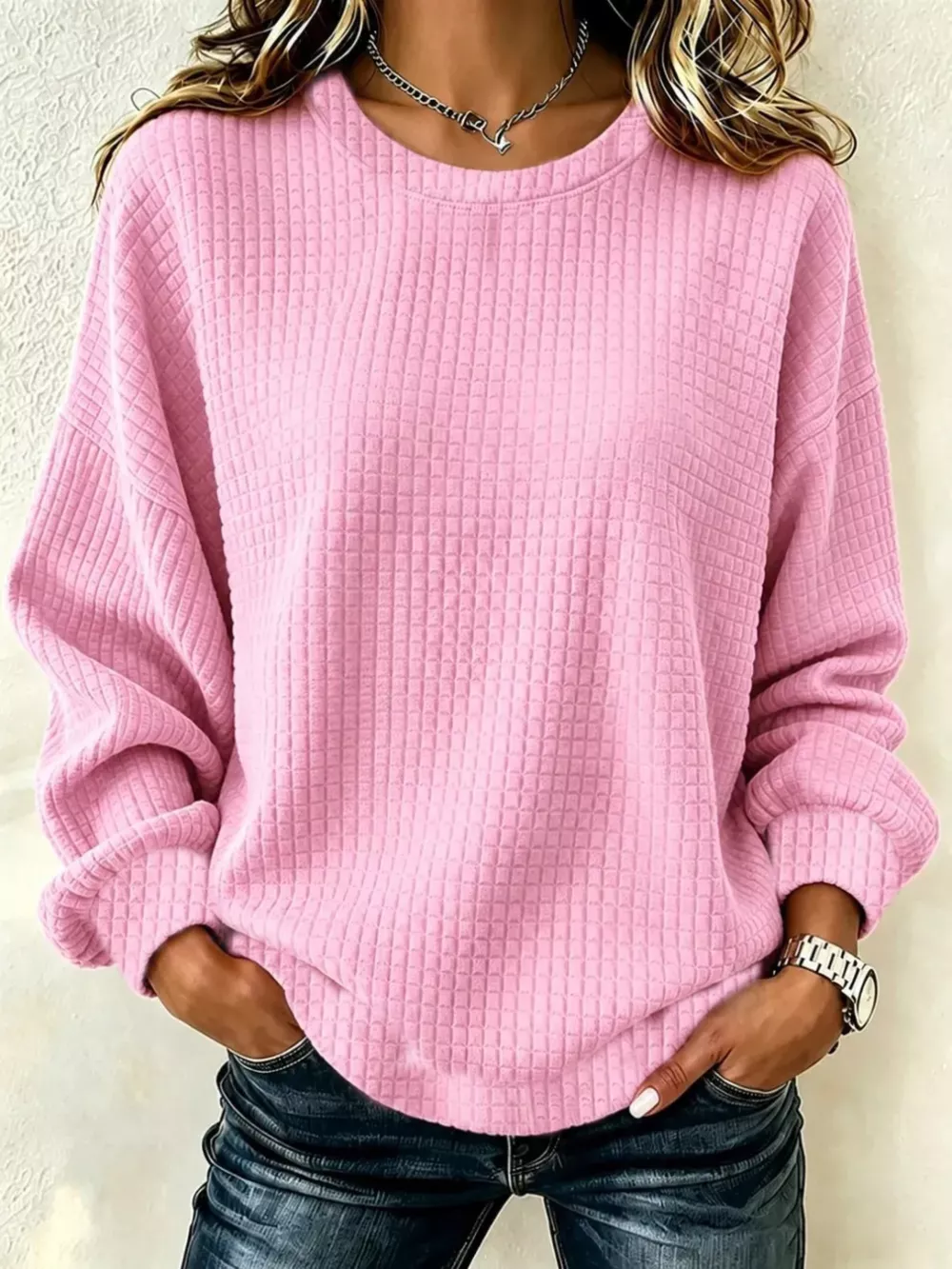 Full Size Waffle Knit Long Sleeve Crew Neck Sweatshirt Plus Size, image 2