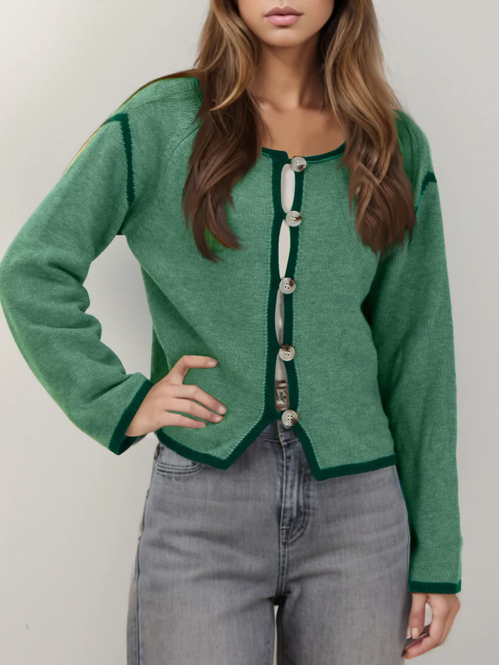 Button-Front Cardigan with Contrast Trim, image 2