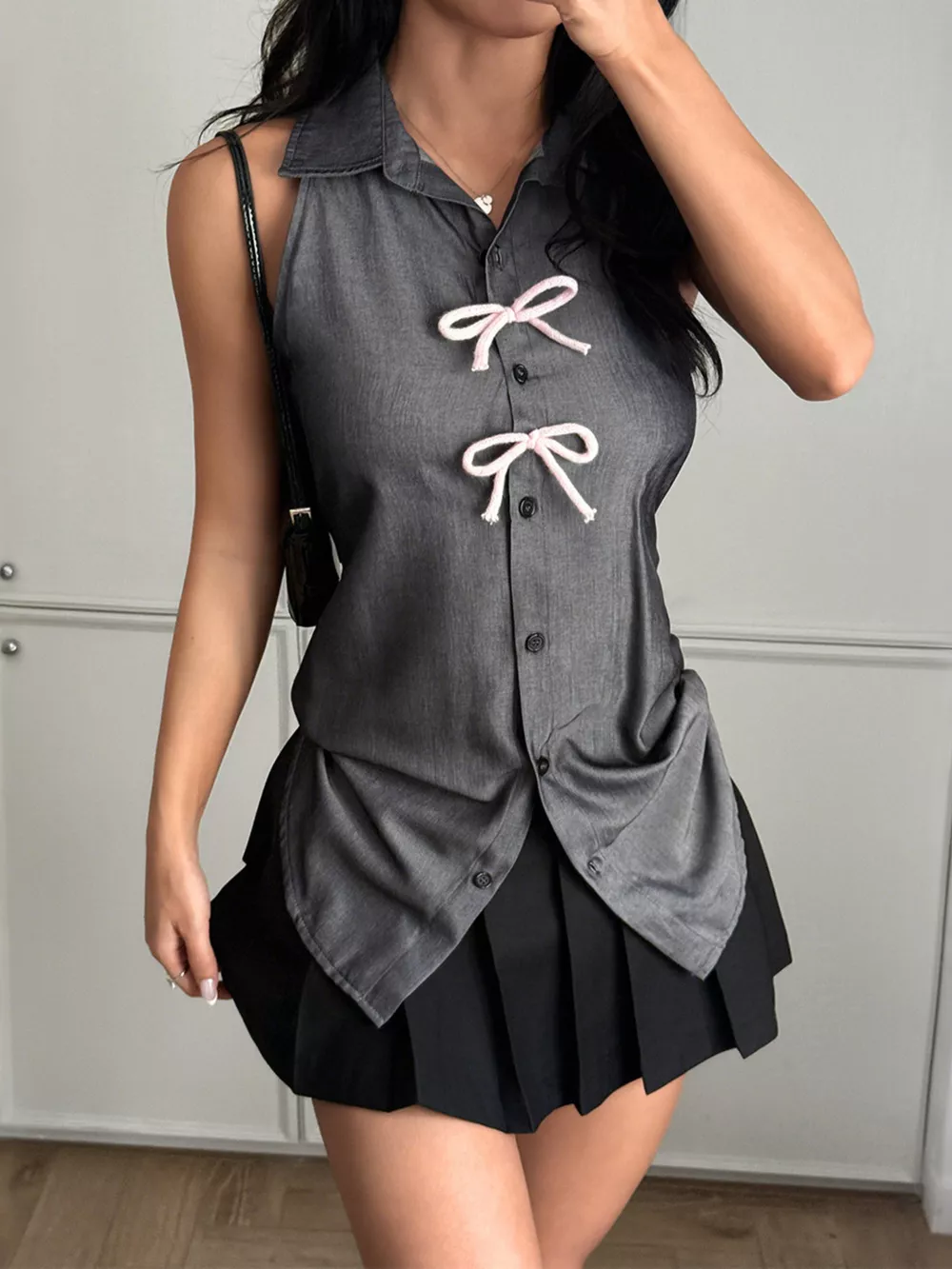 Button Down Sleeveless Shirt with Bowknot
