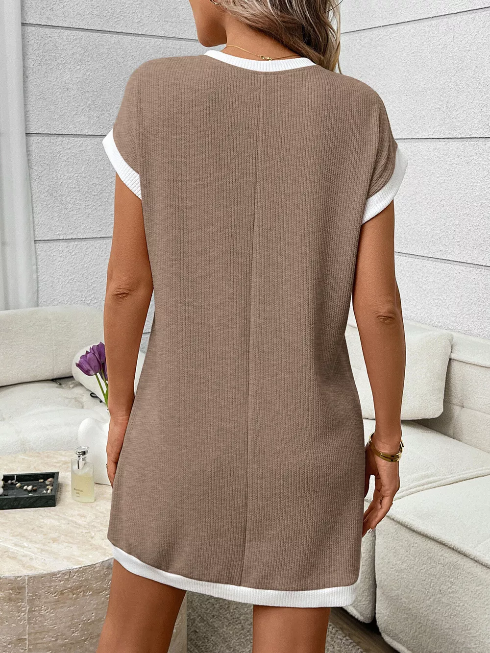 Contrast Trim Ribbed Knit Mini Dress with Pocket, image 4