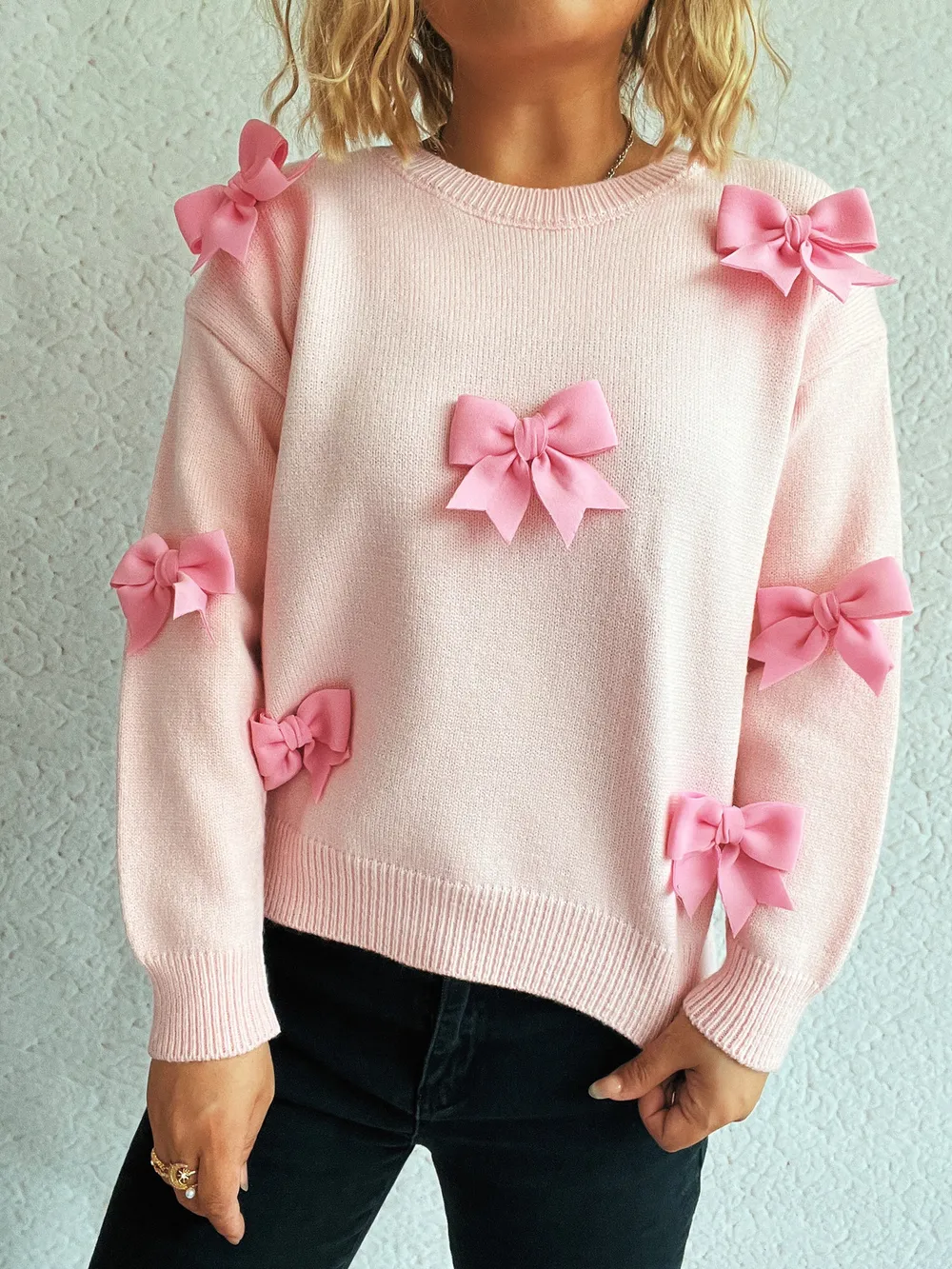 Bow Round Neck Long Sleeve Sweater, image 10