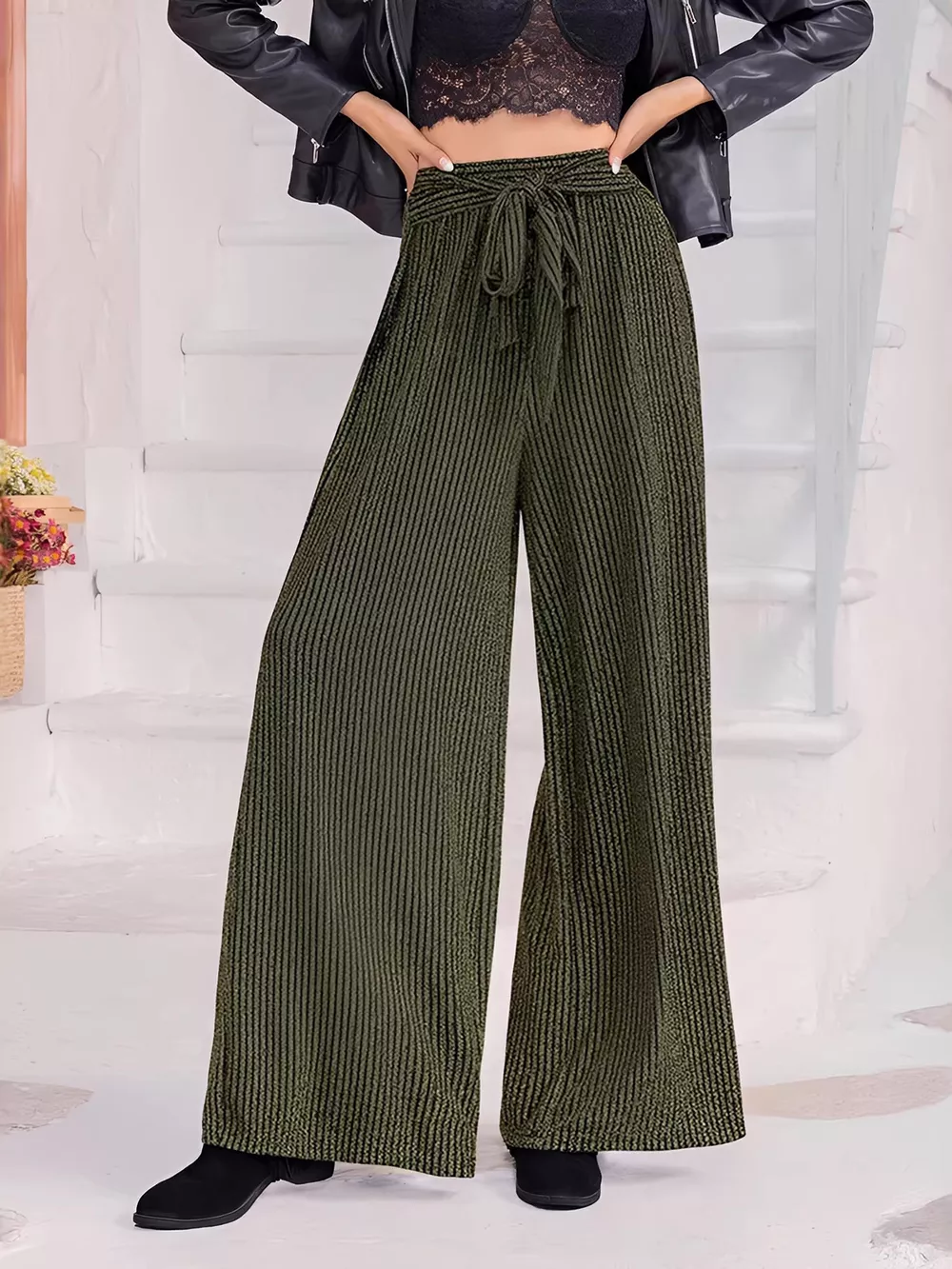 Striped High Waist Tie Wide Leg Pants, image 2
