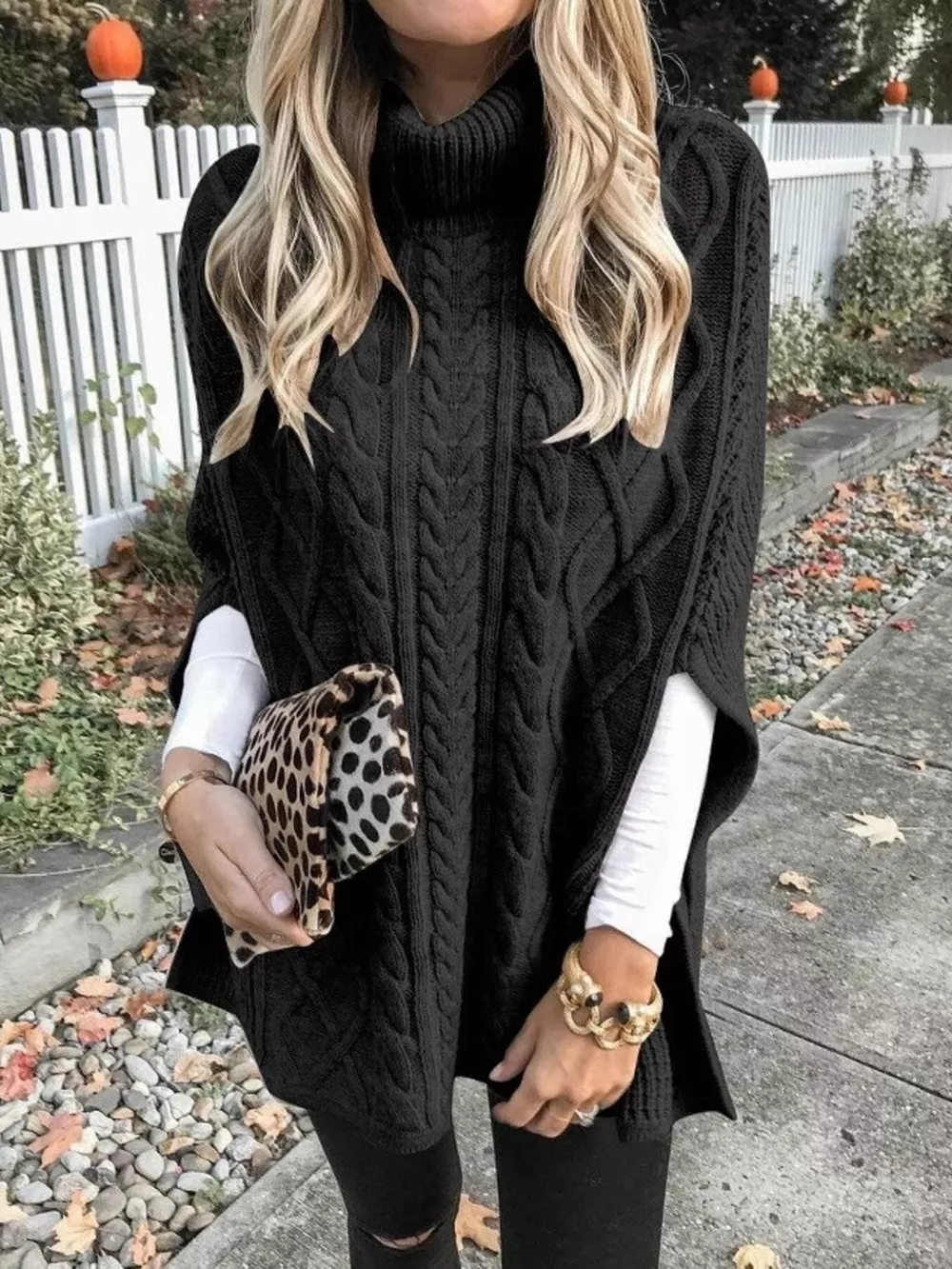Chunky Cable Knit Turtleneck Poncho Cover Up, image 14
