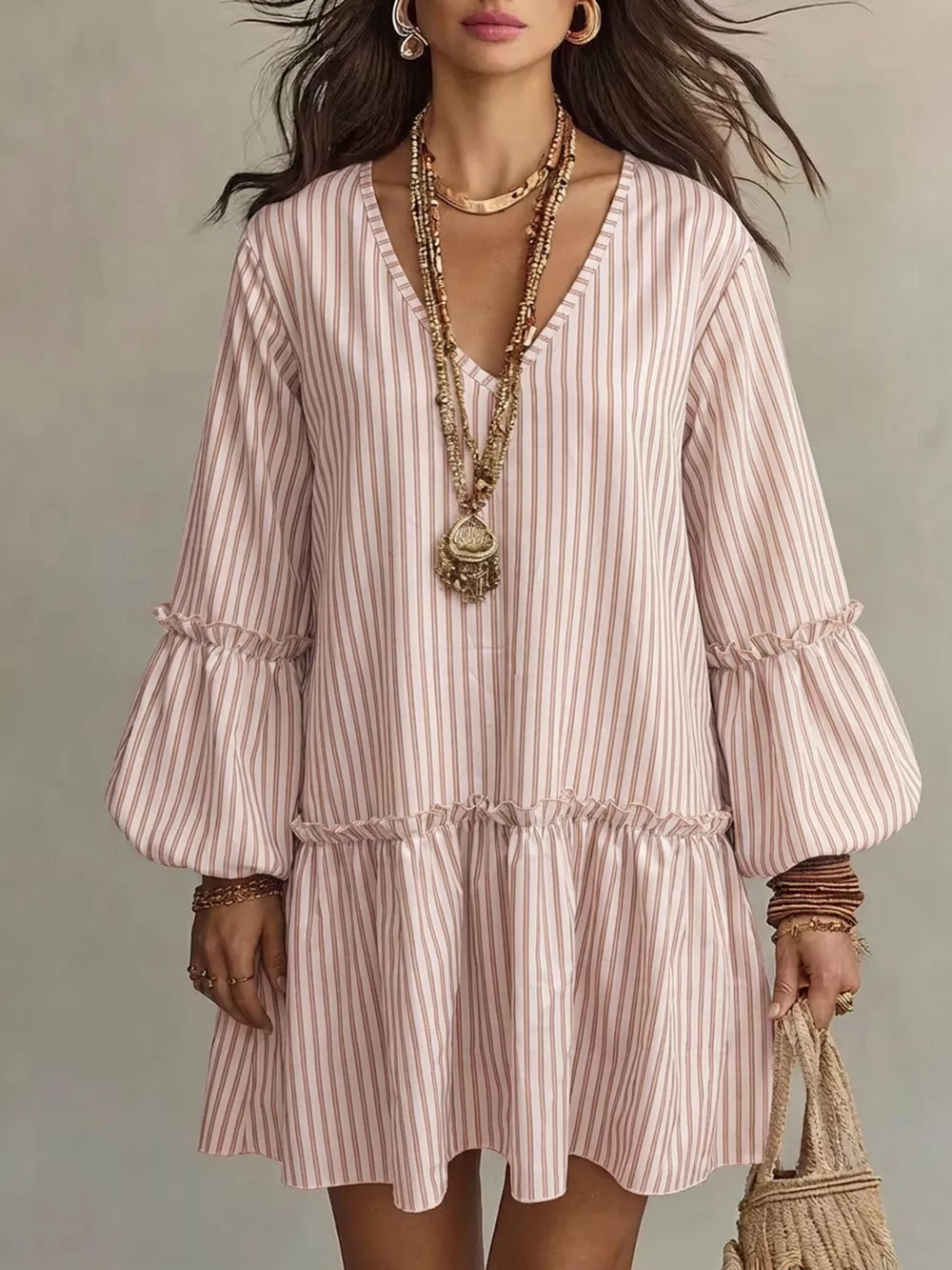 Full Size Striped Balloon Sleeve Mini Dress Plus Size