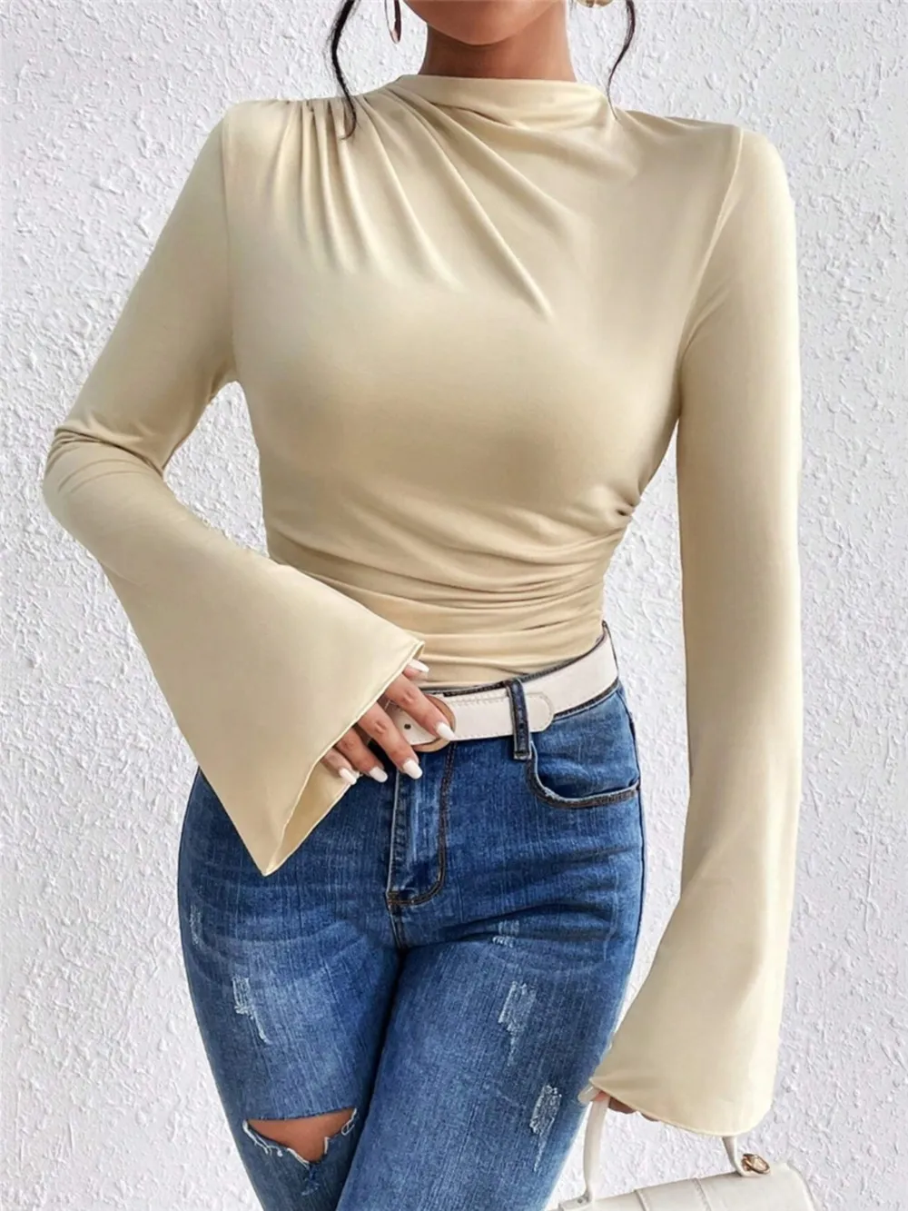 Bell Sleeve Ruched Fitted T-Shirt with Mock Neck, image 6
