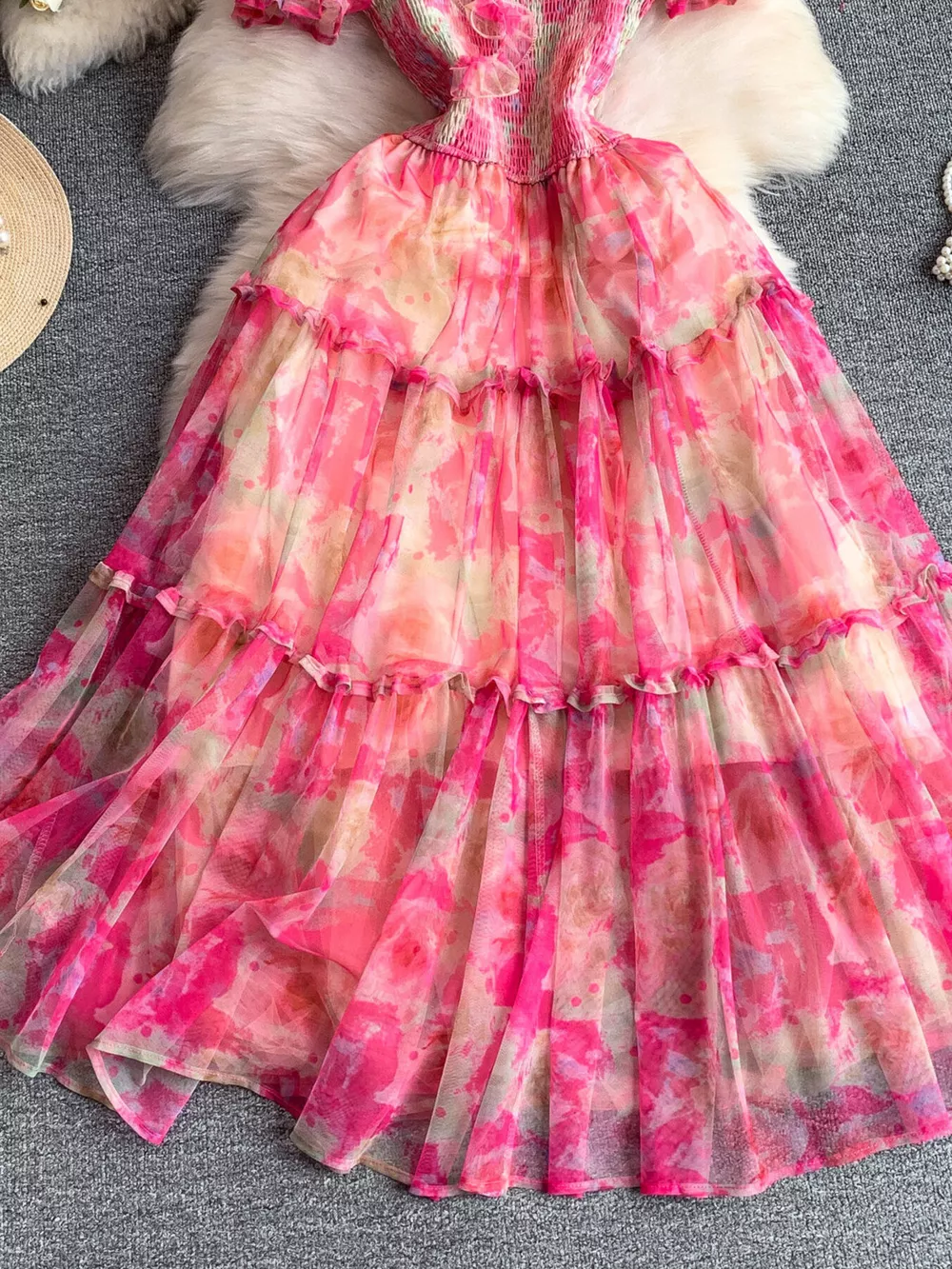 Smocked Floral Tiered Mesh Midi Dress, image 7