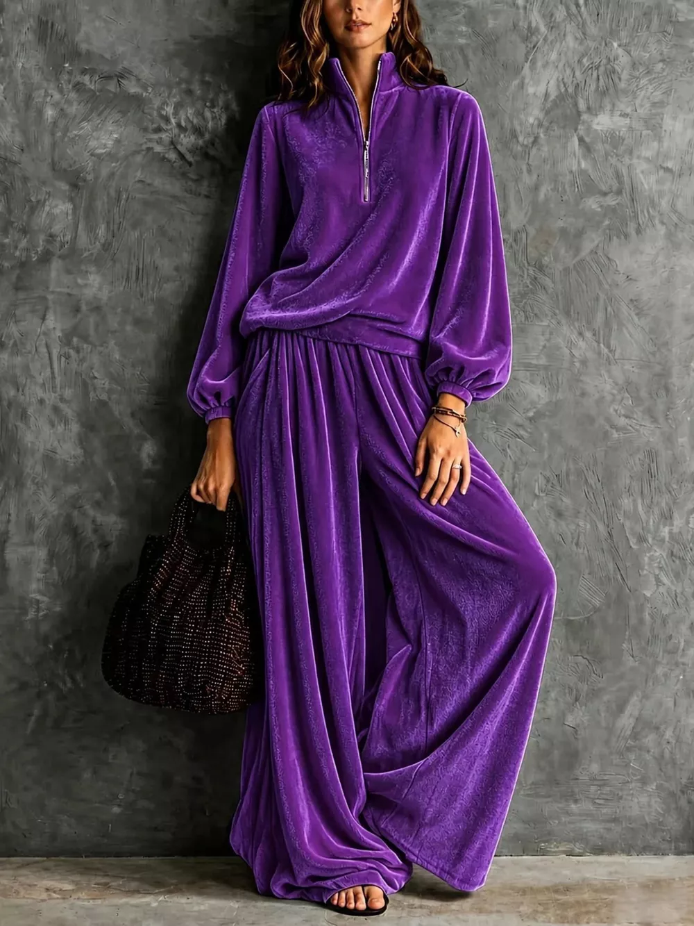 Quarter-Zip Sweatshirt and Wide-Leg Pants, image 7