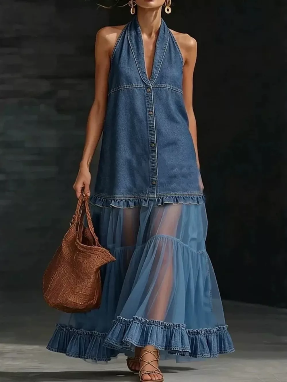 Full Size Ruffle Hem Sleeveless Sheer Tulle Denim Dress Plus Size, image 4