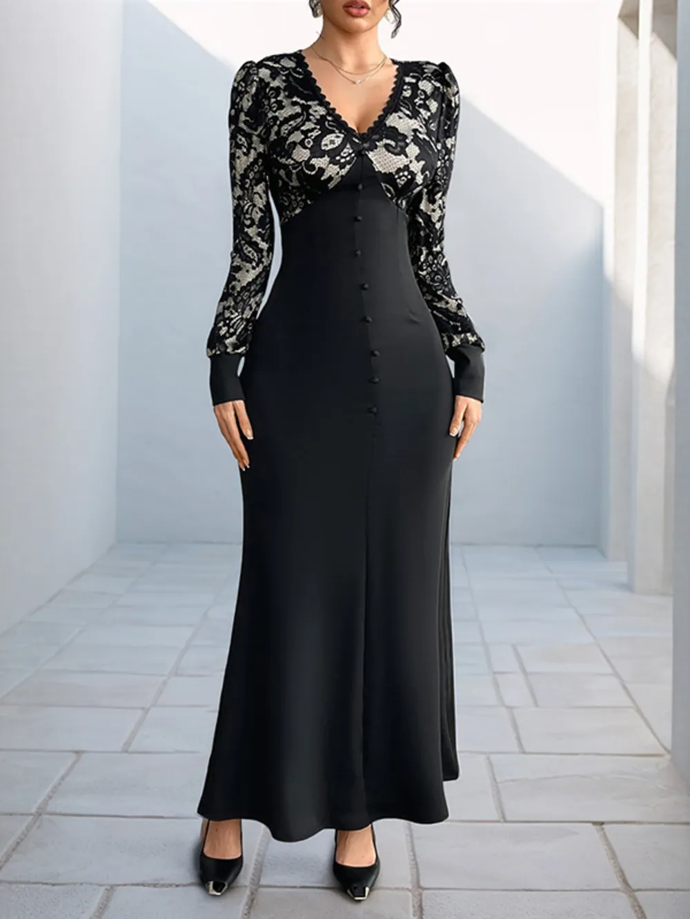 Lace V-Neck Long Sleeve Maxi Dress, image 2