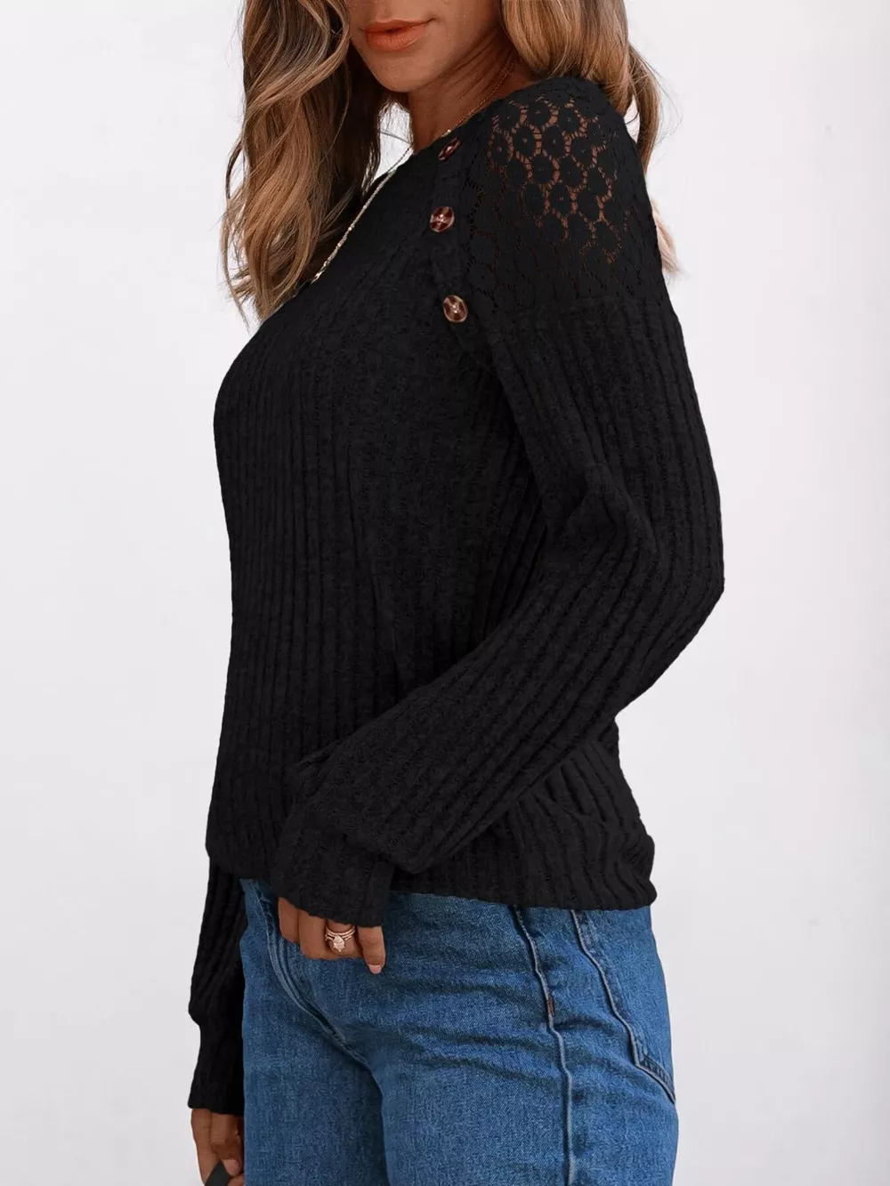 Ribbed Knit T-Shirt with Lace Shoulder Detail, image 7