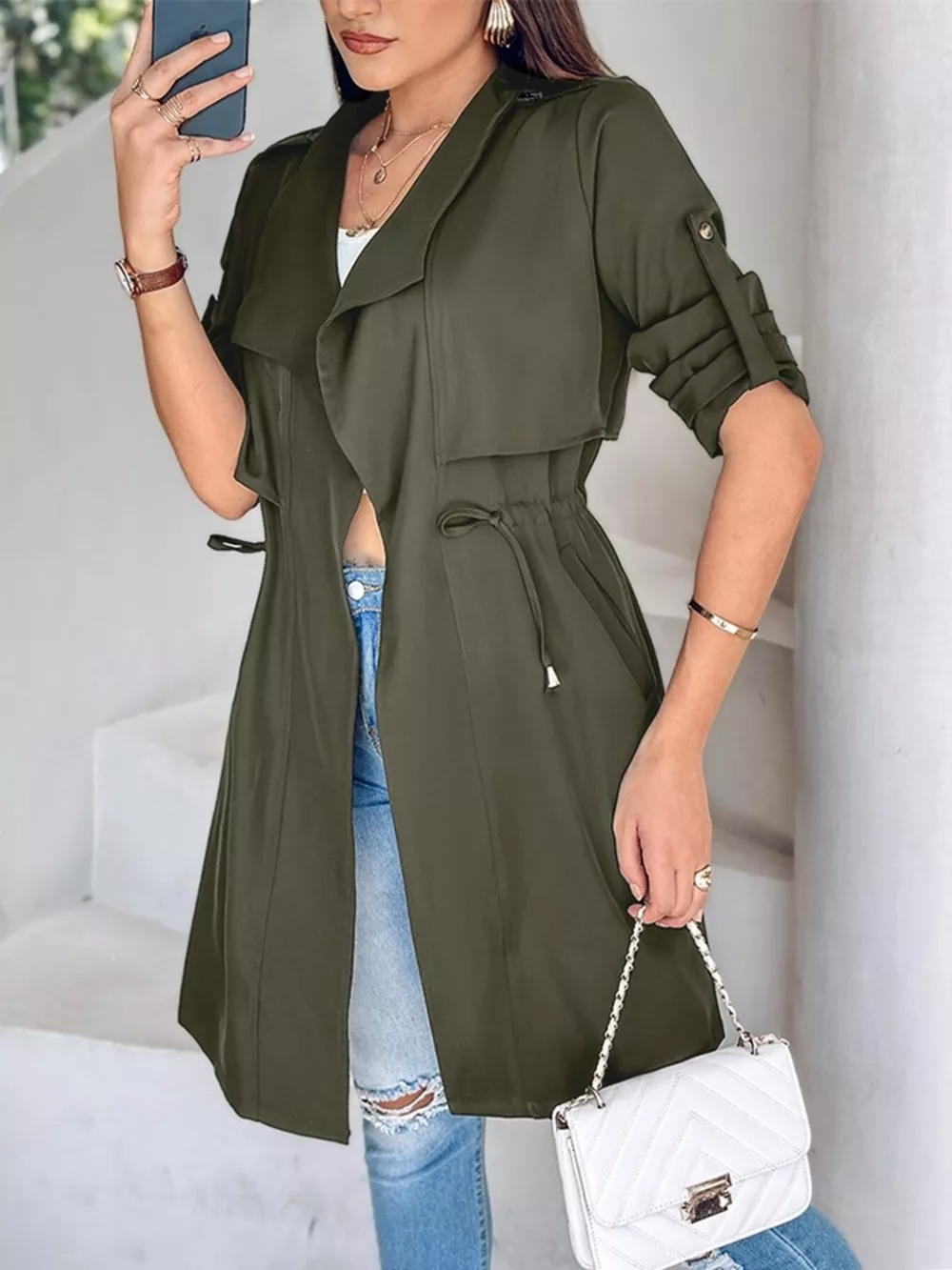 Drape Collar Lightweight Trench Coat, image 17