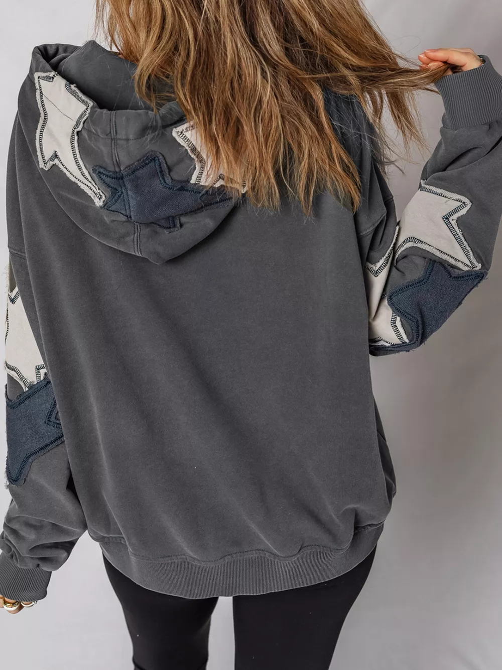 Star Patchwork Contrast Stitching Mineral Wash Kangaroo Pocket Hoodie, image 4