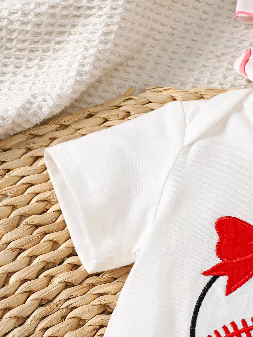 Children's Baseball Short Sleeve Bodysuit and Bow Pants Set with Headband, image 3