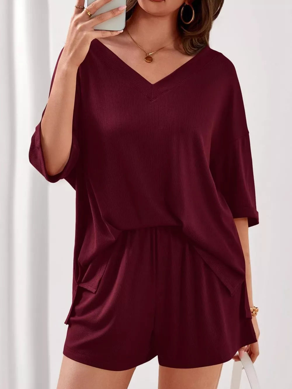 Casual Solid Color V-Neck Top & Shorts Set, image 18