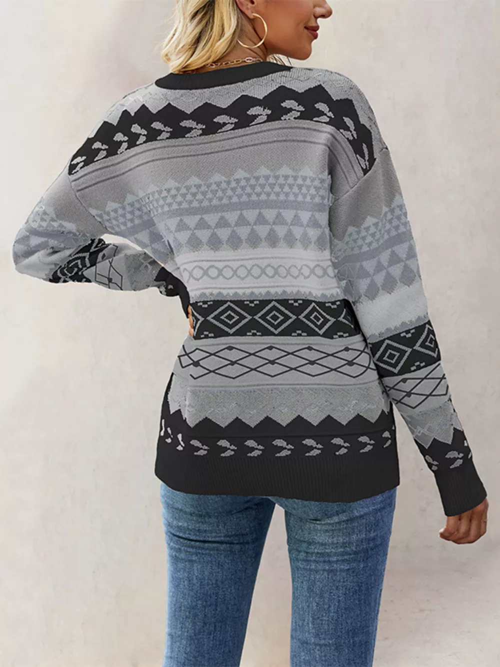 Geometric Pattern Dropped Shoulder Sweater, image 7