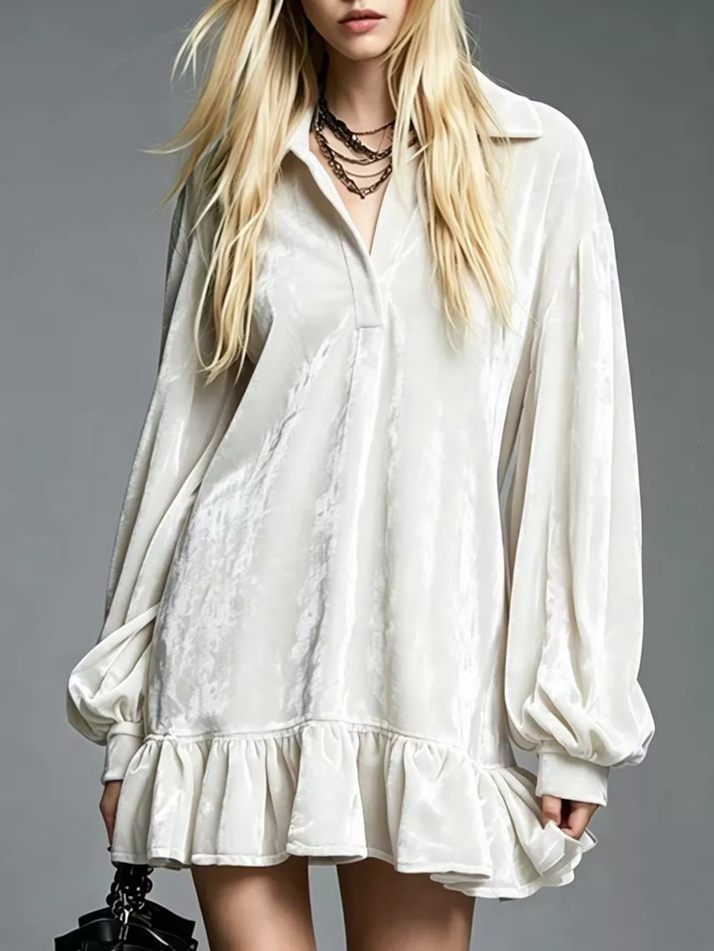 Full Size Velvet Long-Sleeve Ruffle Hem Mini Dress Plus Size, image 17