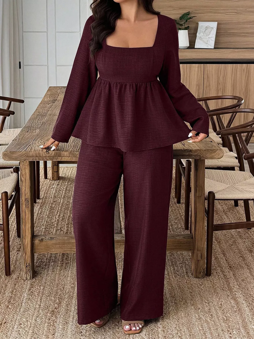 Plus Size Square Neck Long Sleeve Top and Pants Two-Piece Set, image 7