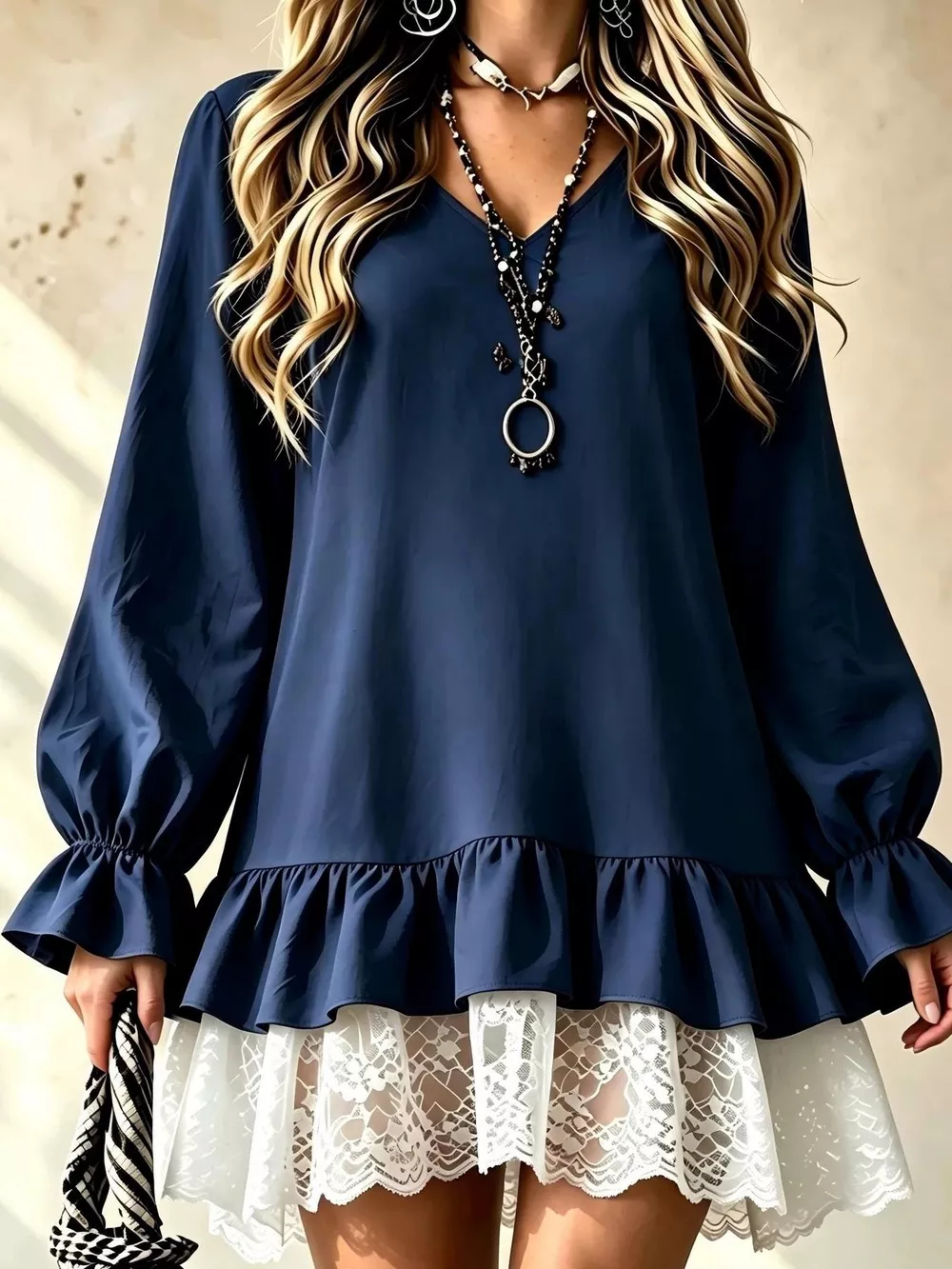 V-Neck Long Sleeve Ruffle Hem Lace Trim Mini Dress, image 4