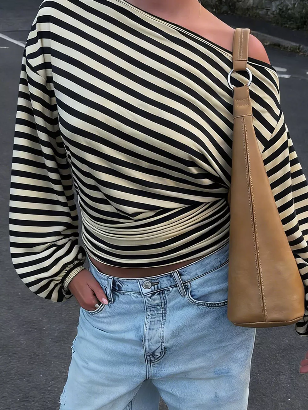 One Shoulder Striped Long Sleeve Slim-Fit T-Shirt, image 2