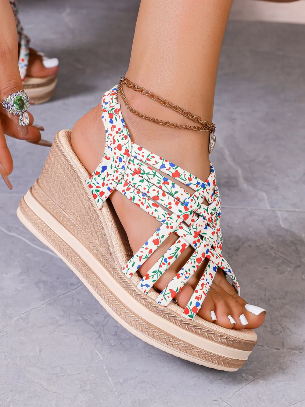 Open Toe Floral Print Strappy Platform Wedge Sandals, image 8