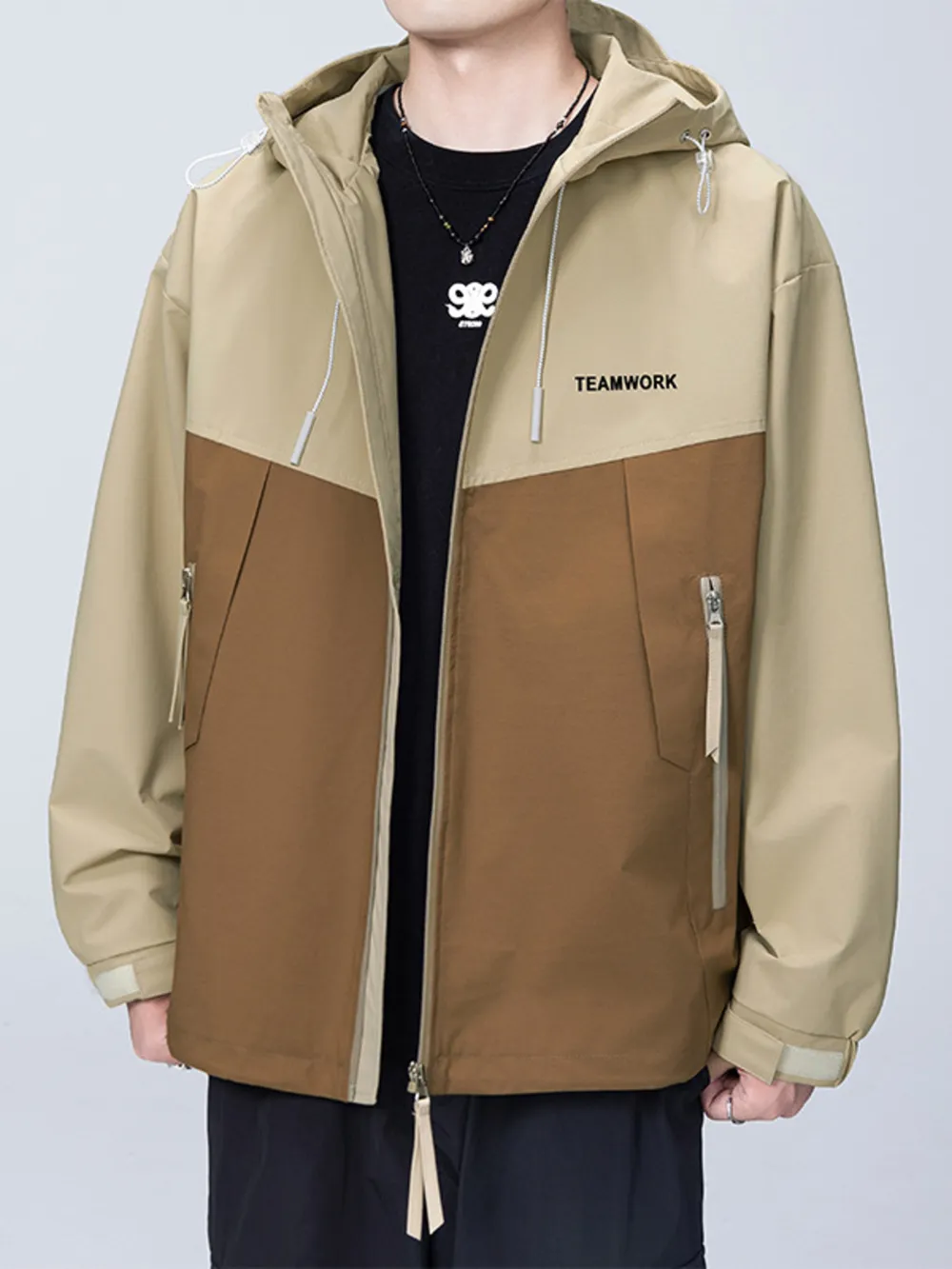 Men's Full Size Contrast Zip Up Long Sleeve Jacket Plus Size, image 2