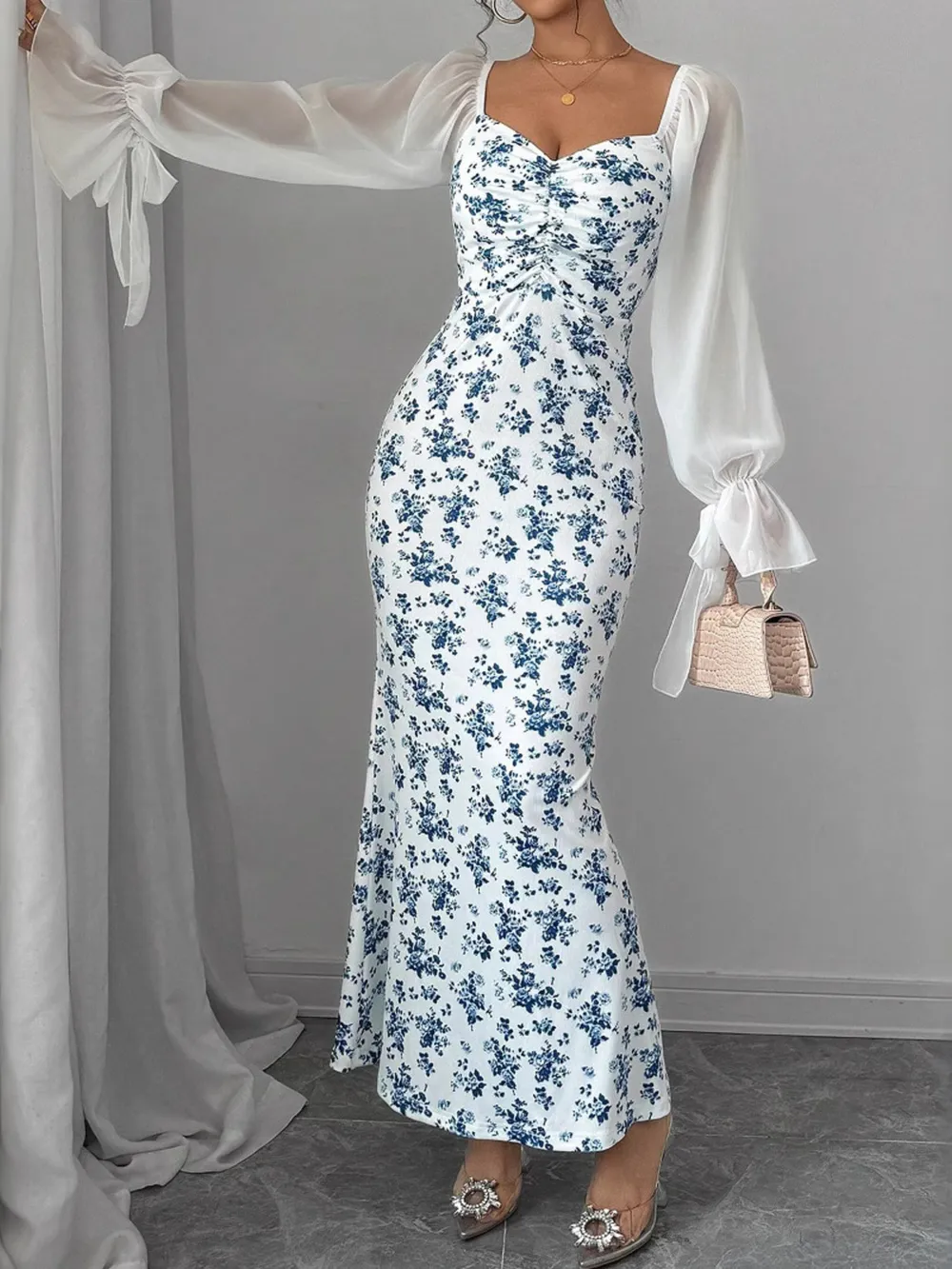 Floral Print Sweetheart Neckline Maxi Dress, image 4