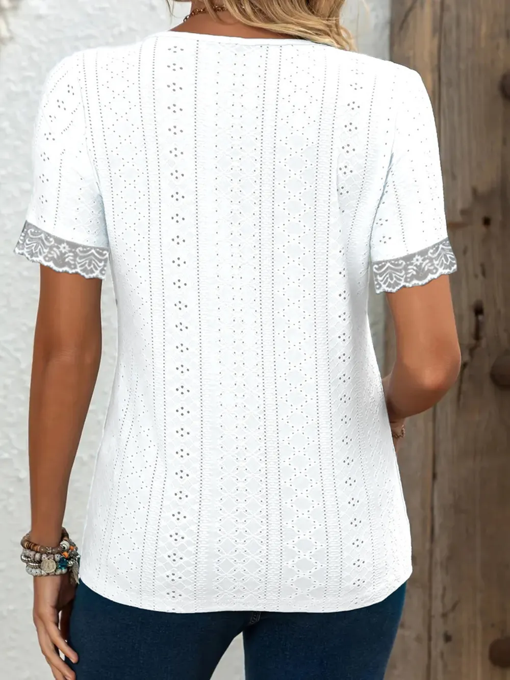 Eyelet Lace Trim Short Sleeve Blouse, image 6