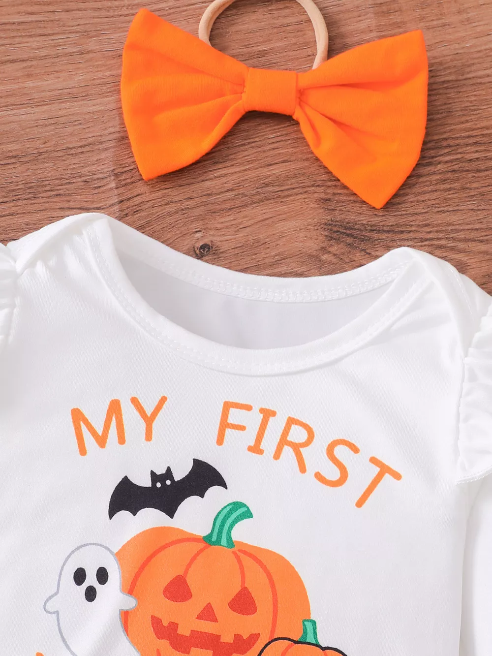 Children's Halloween Skull Print Long Sleeve Bodysuit and Pants Set with Bow Headband, image 9
