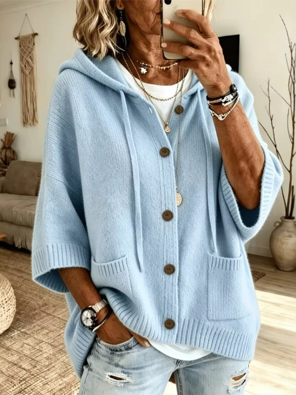 Hooded Button-Down Knit Cardigan, image 7
