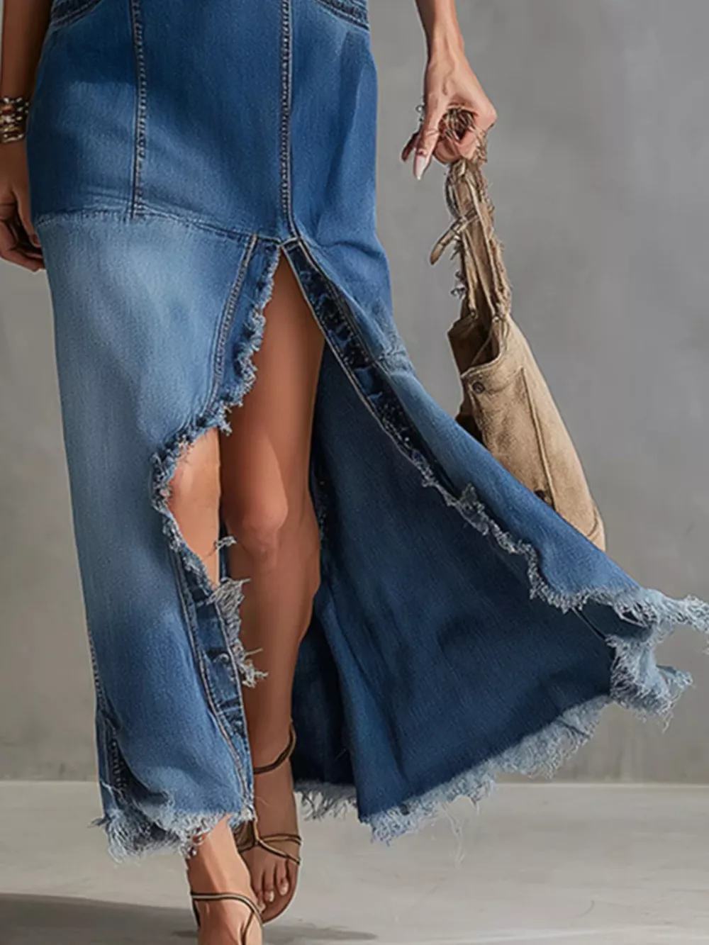 Sleeveless Frayed Hem V-Neck Denim Maxi Dress, image 3
