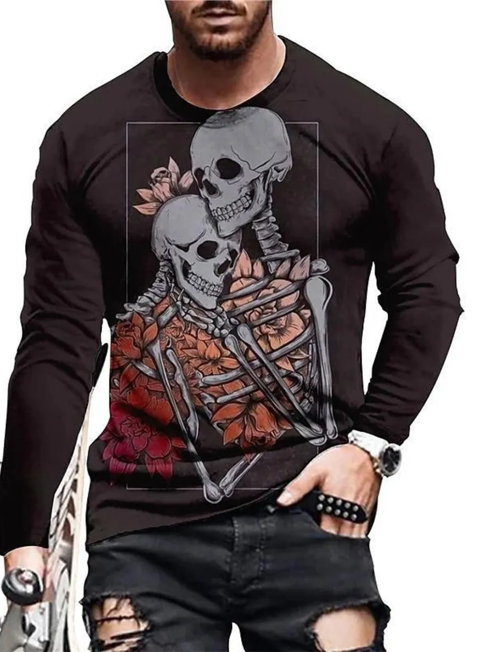 Men's Full Size Skeleton Embrace Long Sleeve T-Shirt Plus Size