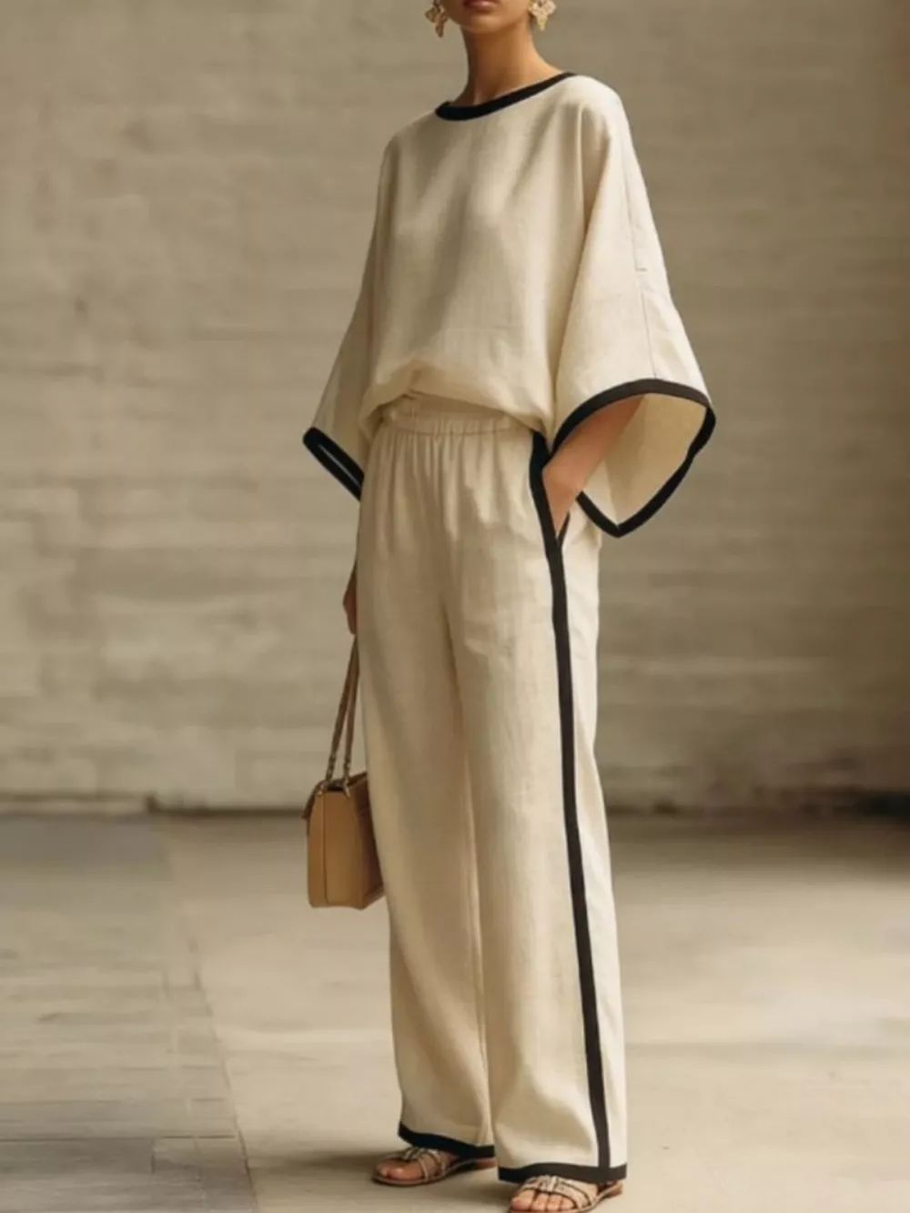 Full Size Contrast Trim Top and Wide-Leg Pants Set Plus Size, image 2