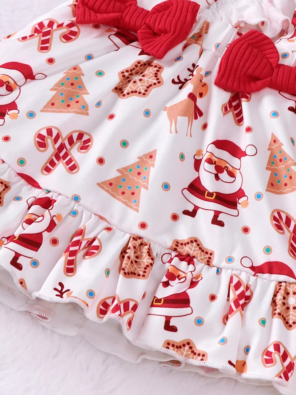 Children's Christmas Ribbed Bodysuit and Santa Print Suspender Skirt Set with Headband, image 3