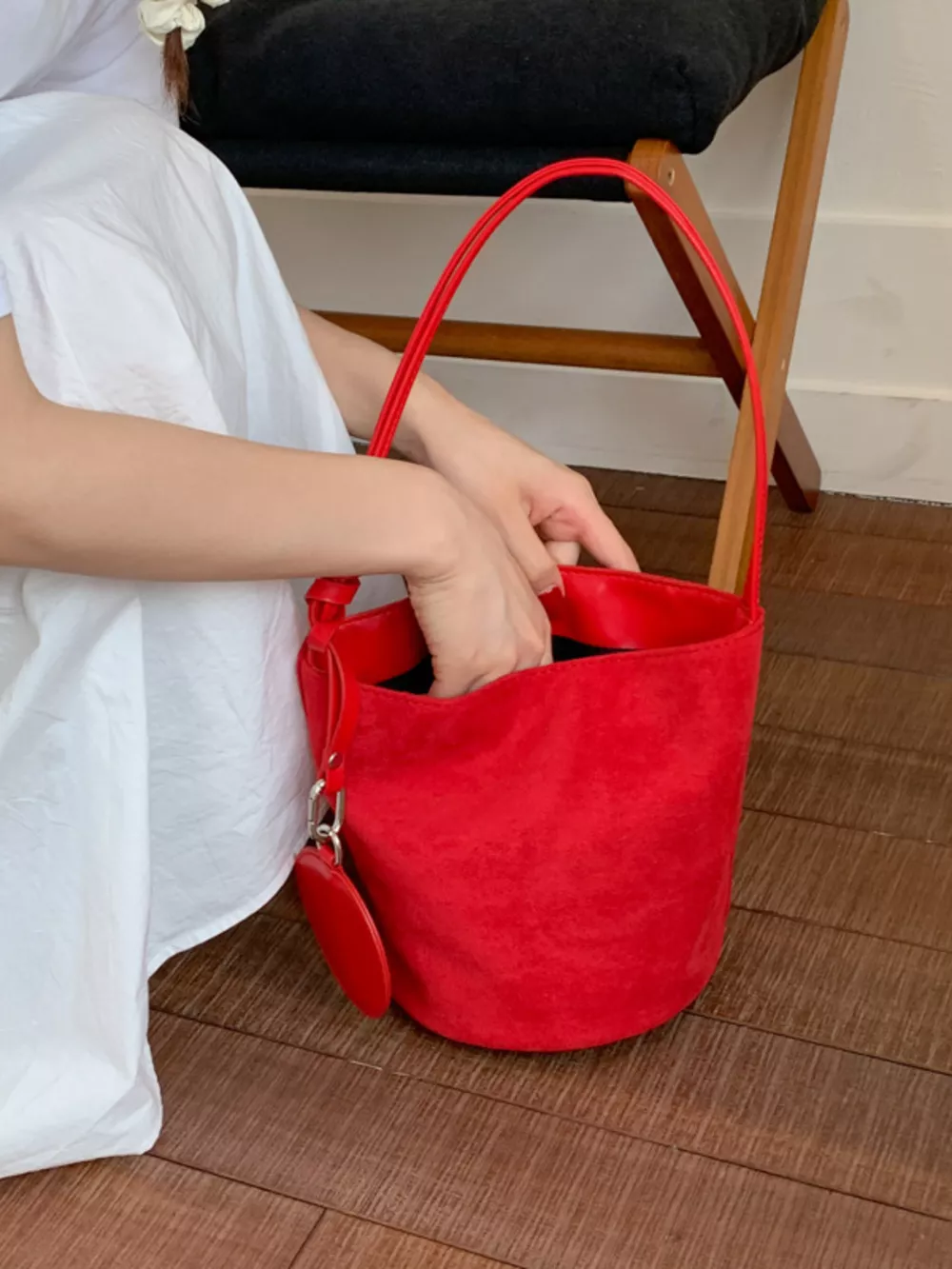 Suede Solid Color Bucket Bag, image 11